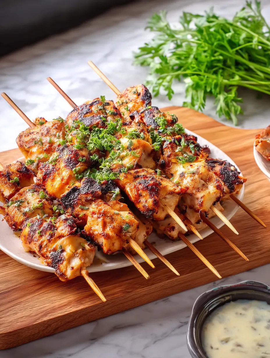 A plate of bang bang chicken skewers.