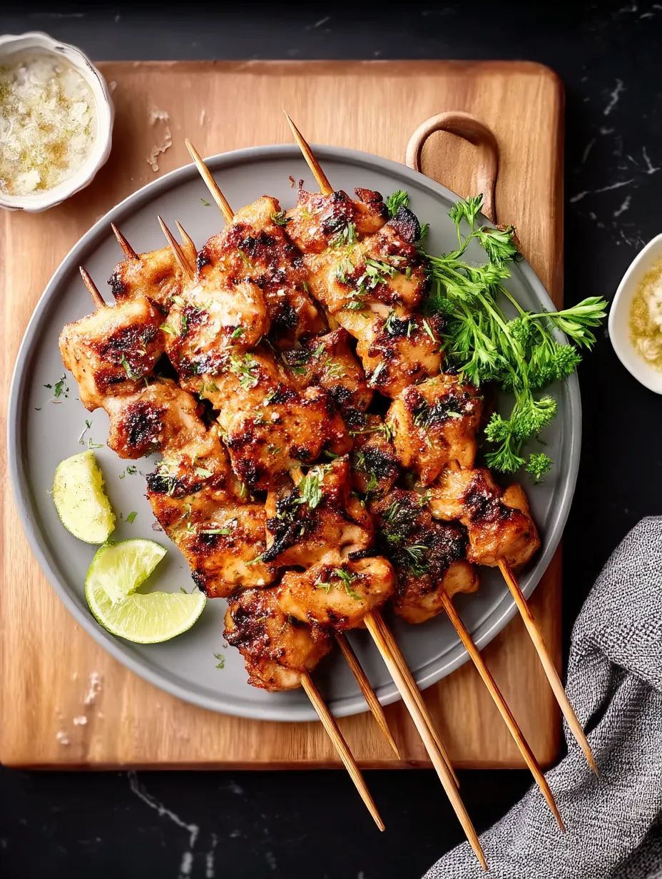 A plate of chicken skewers with lime wedges.