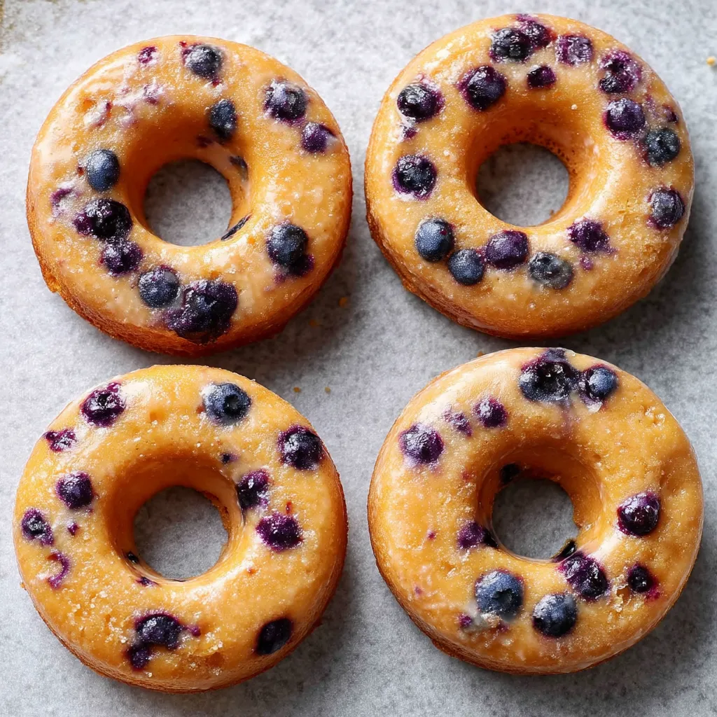 Three donuts with blueberries on top.