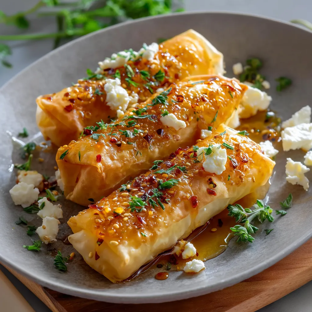 Oven Fried Feta Rolls with Chili Honey