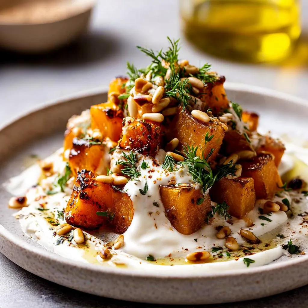 Roasted Pumpkin with Lemon Yogurt Sauce and Pine Nuts