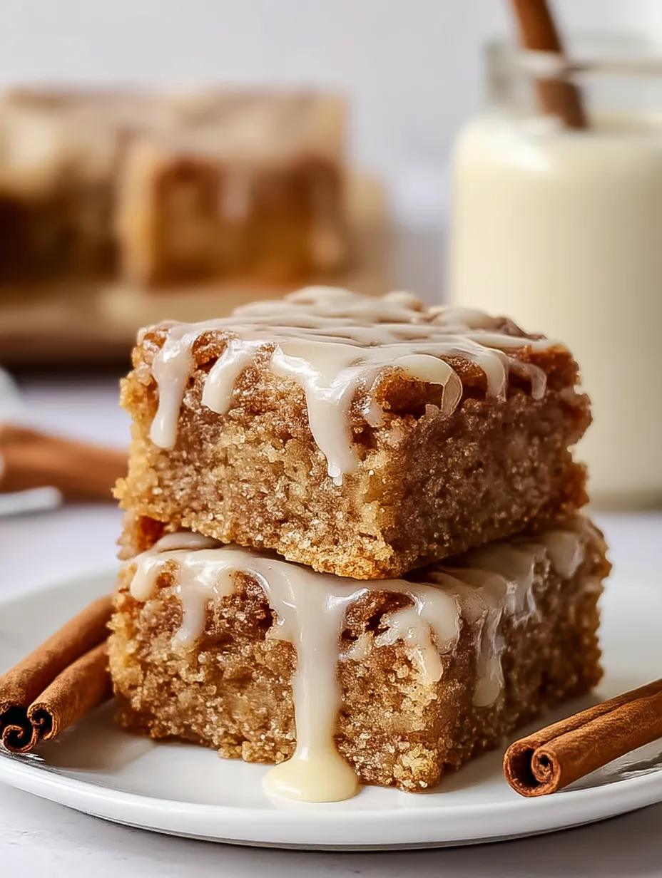 A stack of cake with icing and cinnamon sticks on top.