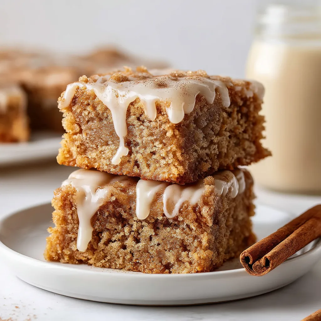 A plate of cake with icing and cinnamon.