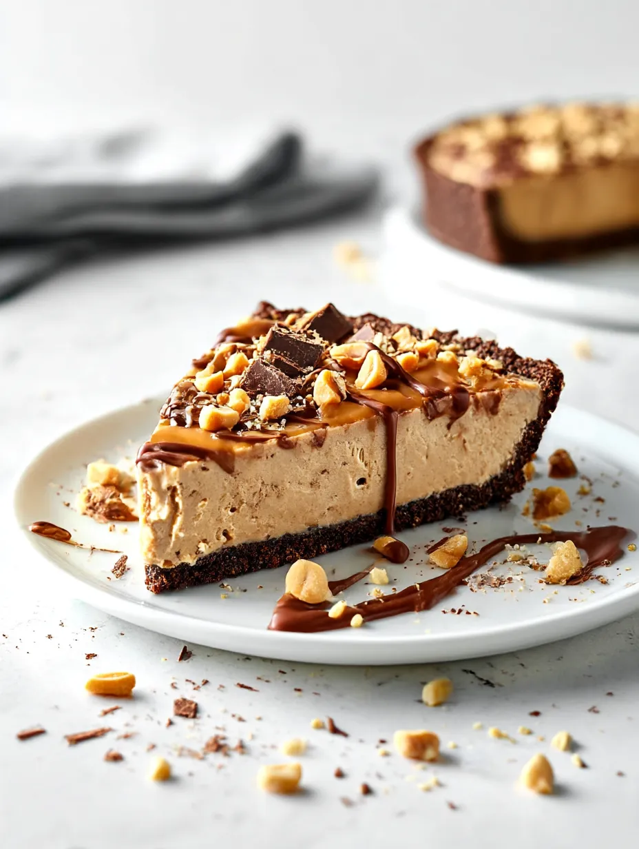 A slice of pie with chocolate and peanut butter toppings.