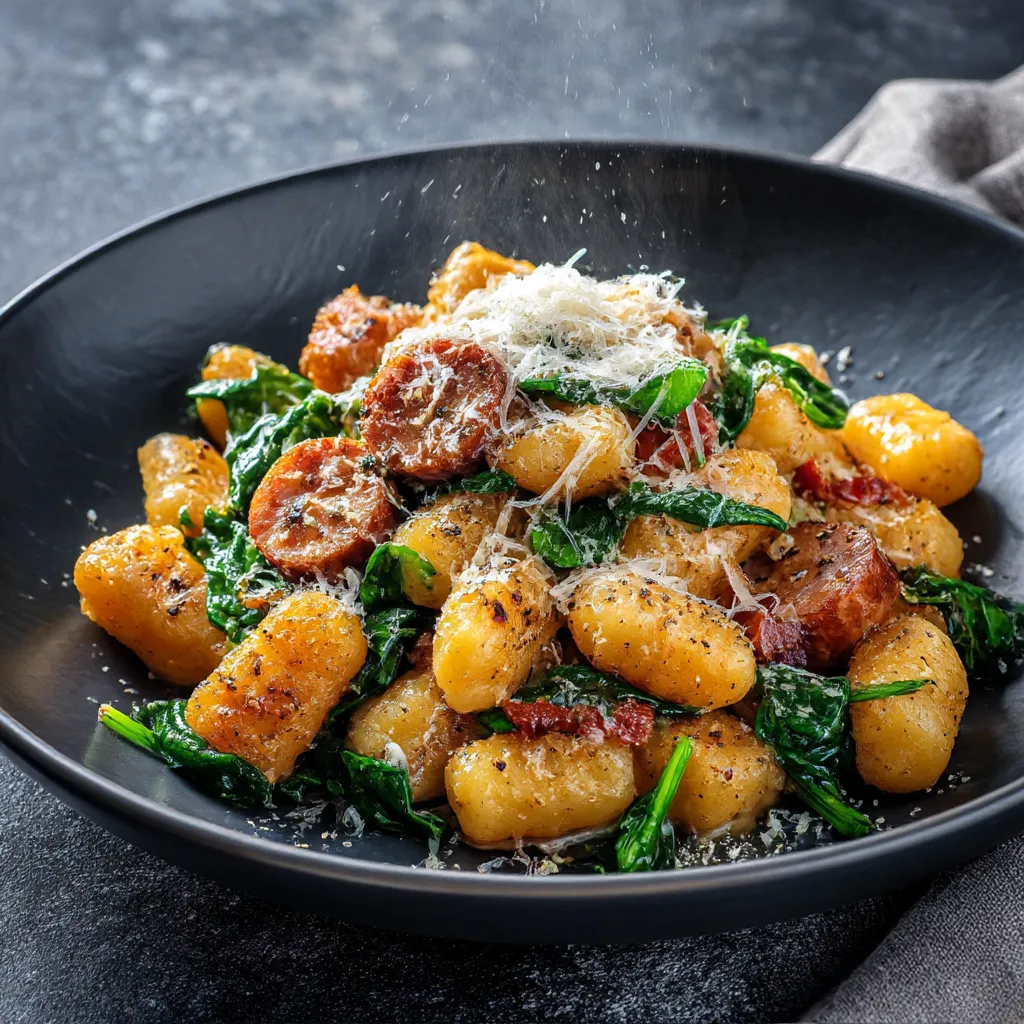 Pan-fried gnocchi with spinach and sausage