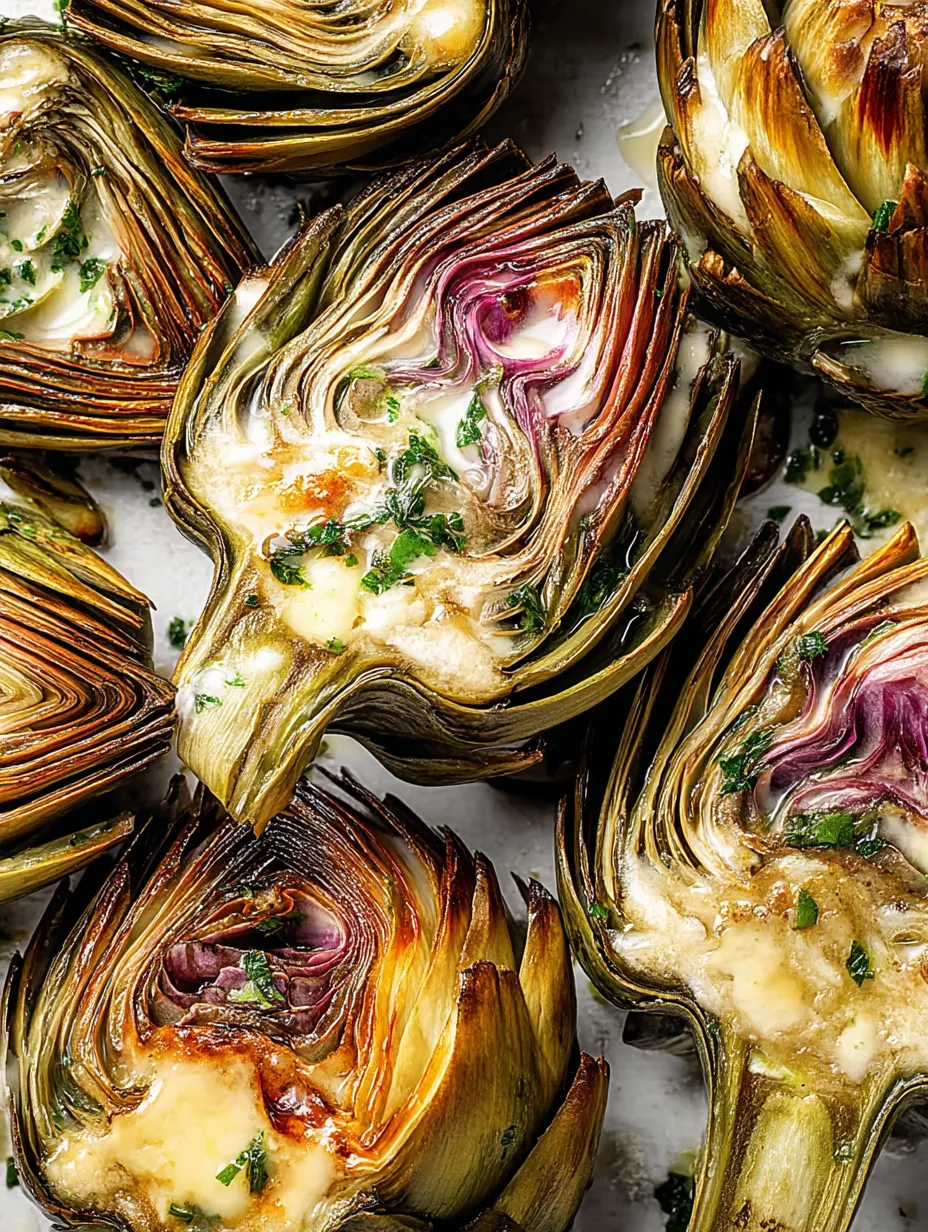 A close up of roasted artichokes.