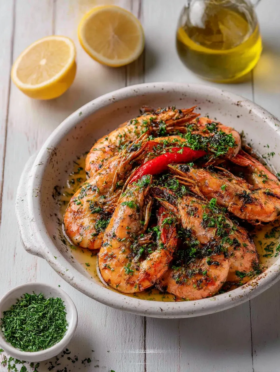 A bowl of shrimp with lemon and herbs.
