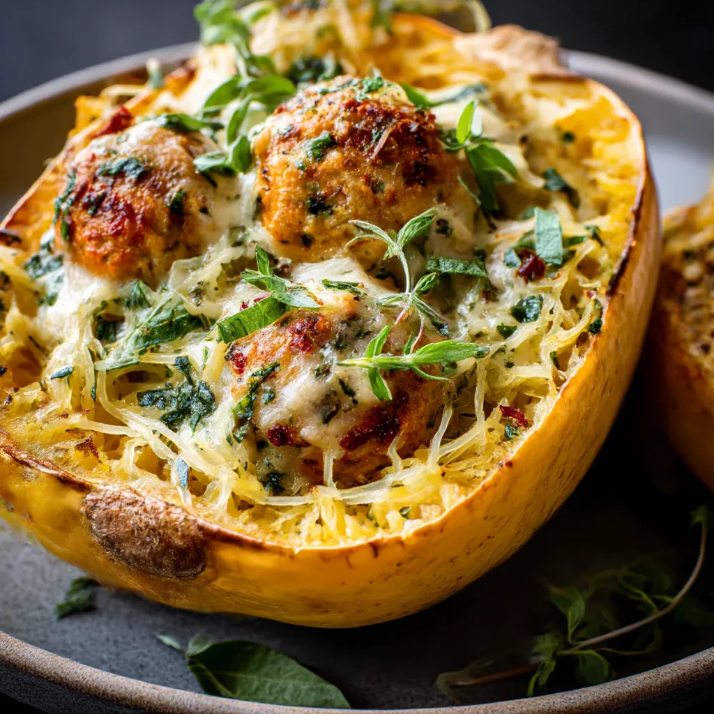 Garlic Butter Chicken Meatballs Stuffed In Spaghetti Squash