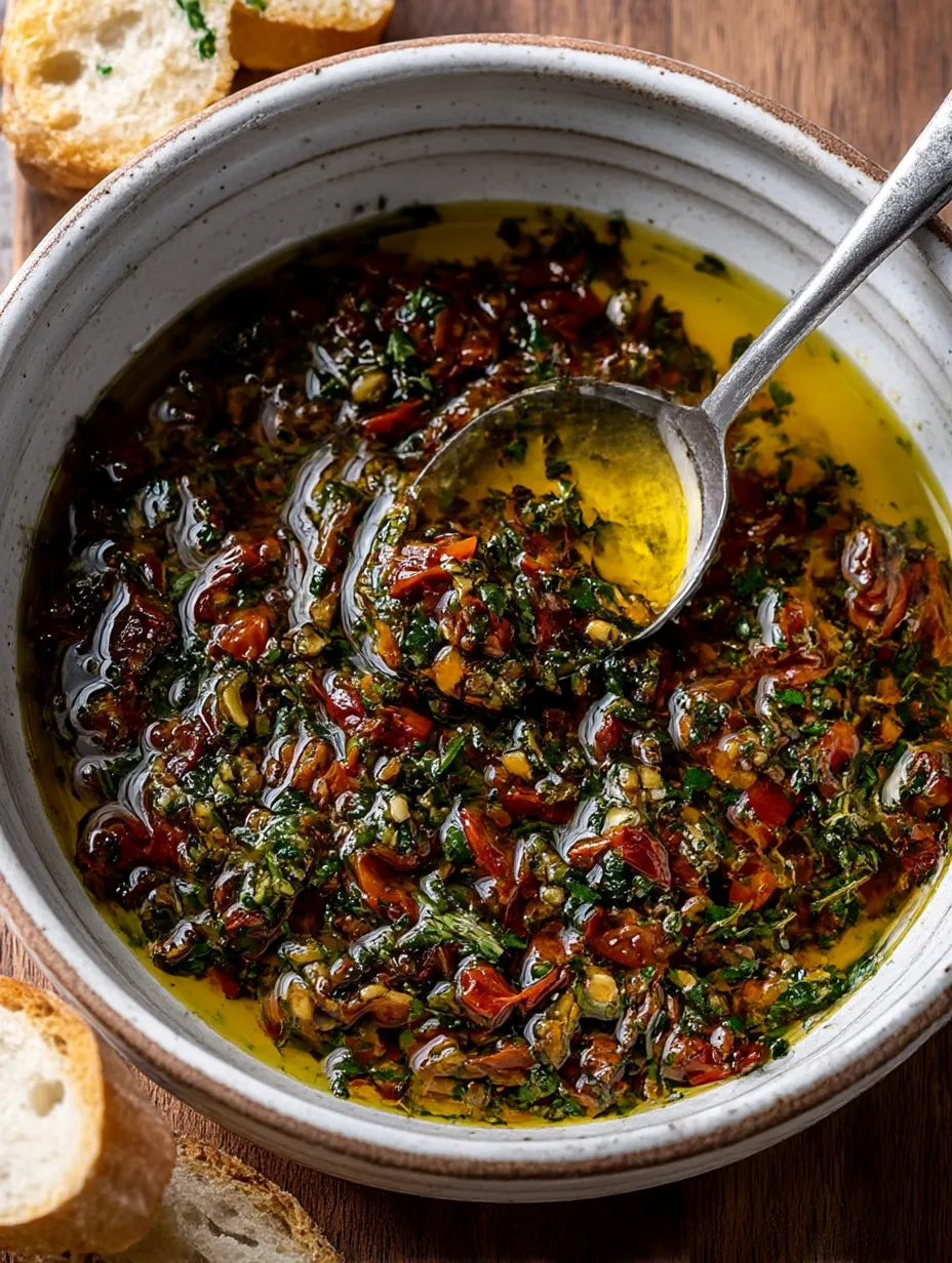 A bowl of Sun-dried Tomato Olive Oil Bread Dip.