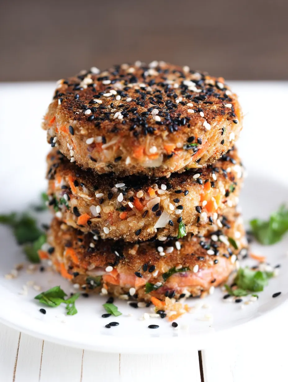 A stack of Sesame Crusted Salmon Patties.
