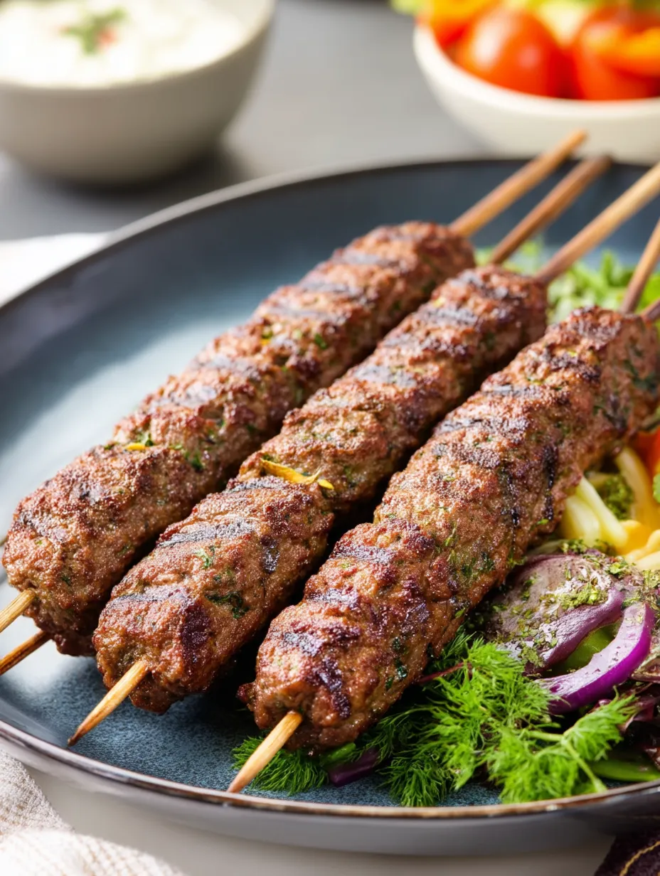 A plate of meat skewers on a table.