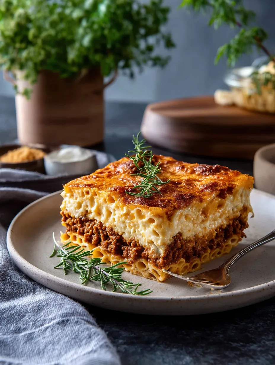 A Slice of Baked Pasta with Ground Beef & Béchamel.