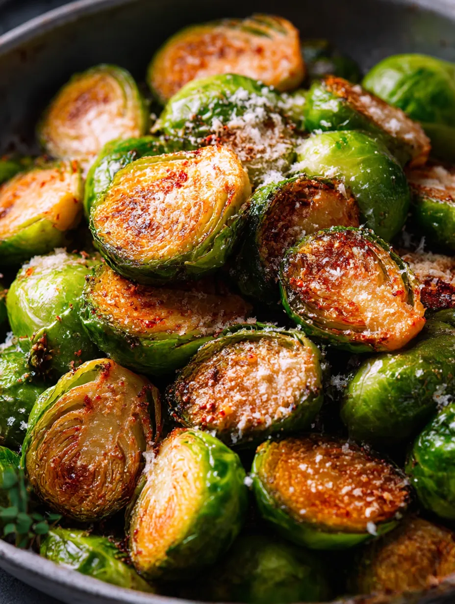 A close up of Garlic Parmesan Roasted Brussels Sprouts.