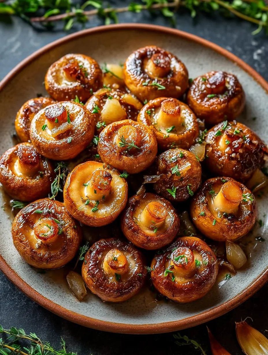 A plate of Honey and Garlic Roasted Mushrooms.