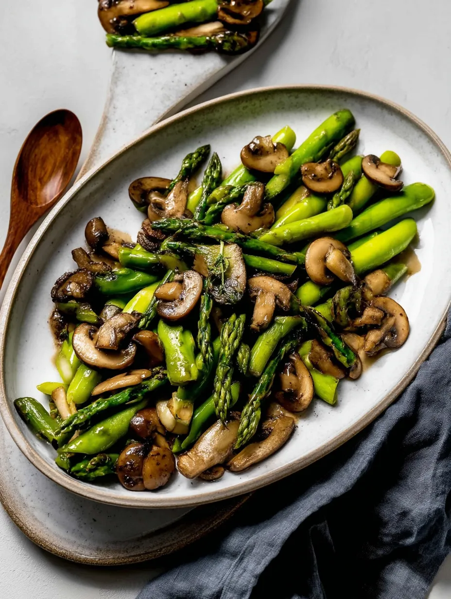 A plate of Sauteed Asparagus and Mushrooms.