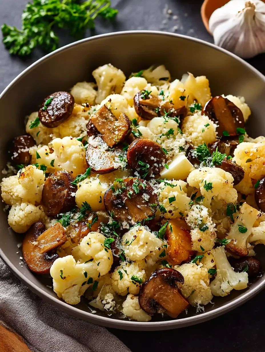 A bowl of Garlic Cauliflower Mushroom Skillet.