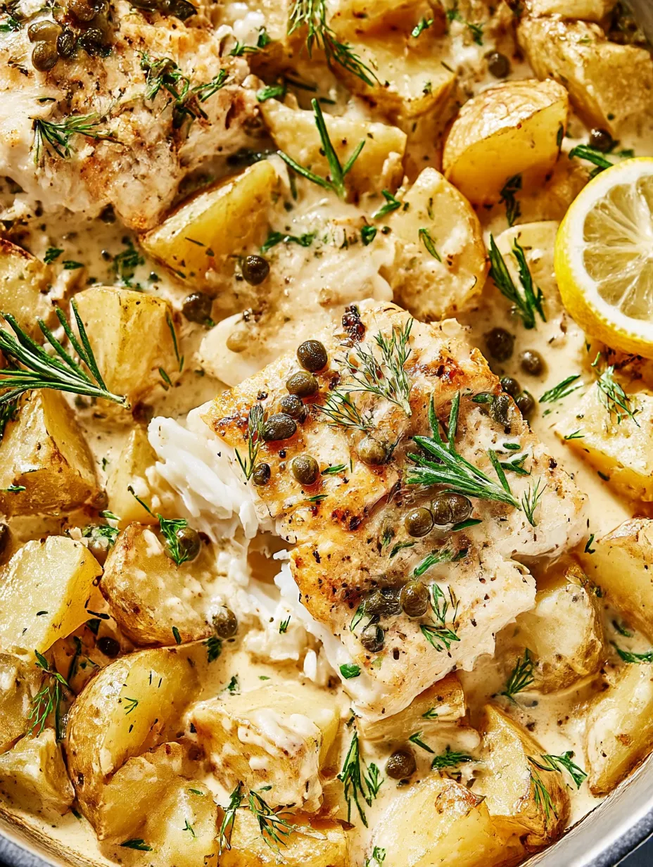 A plate of Cod & Potatoes in Rosemary Cream Sauce.