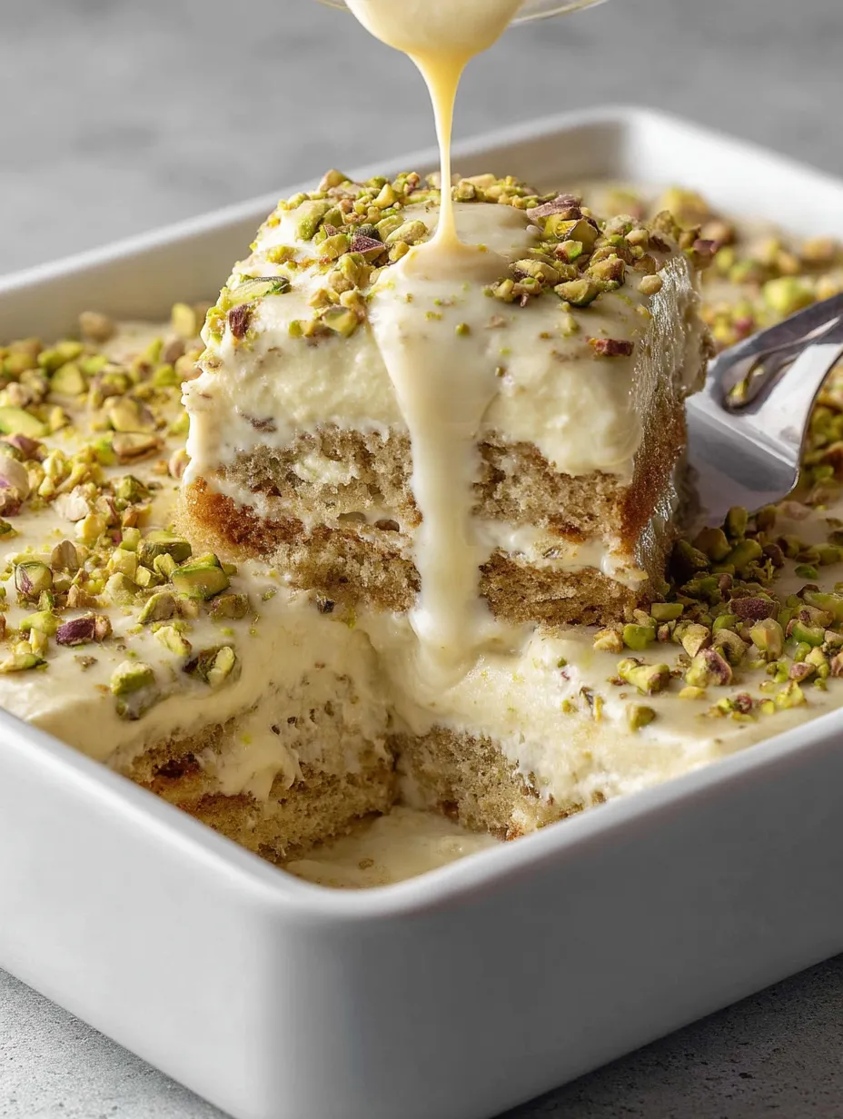 A slice of Vegan Pistachio Tres Leches.