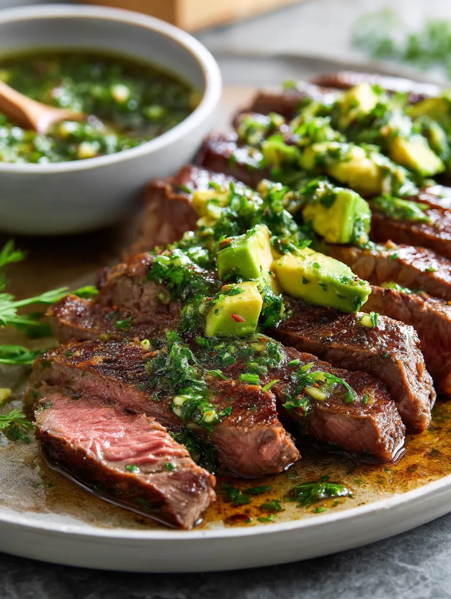 A plate of Skirt Steak with Avocado Chimichurri.