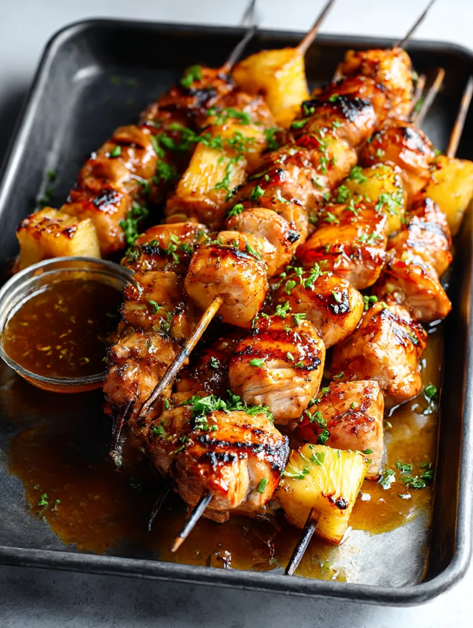 A plate of BBQ Pineapple Chicken Kabobs.