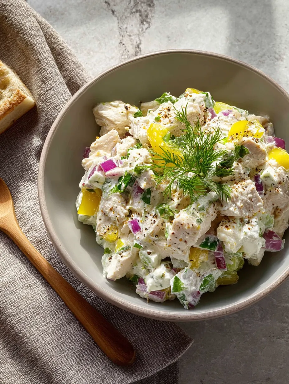 A bowl of Cottage Cheese Chicken Salad.