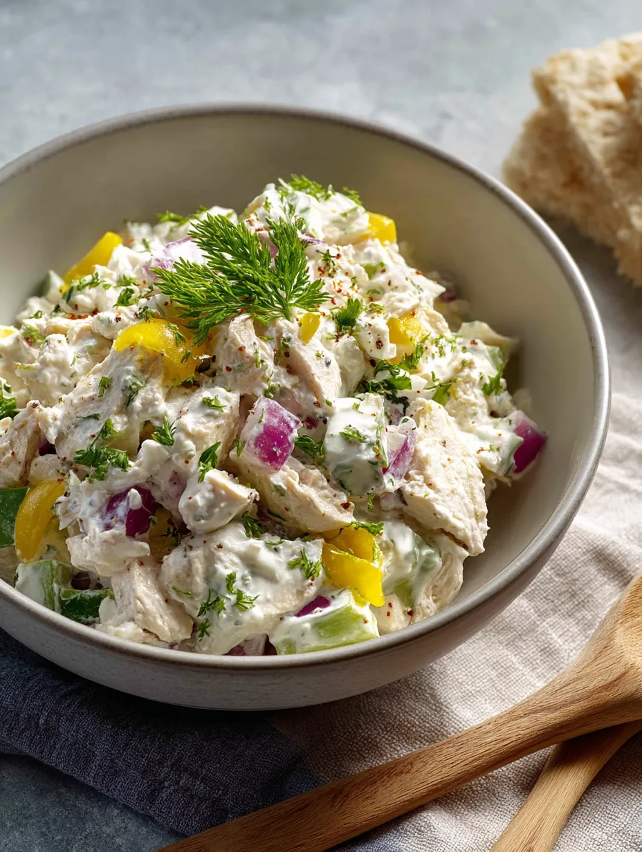 A bowl of Cottage Cheese Chicken Salad with Banana Peppers.
