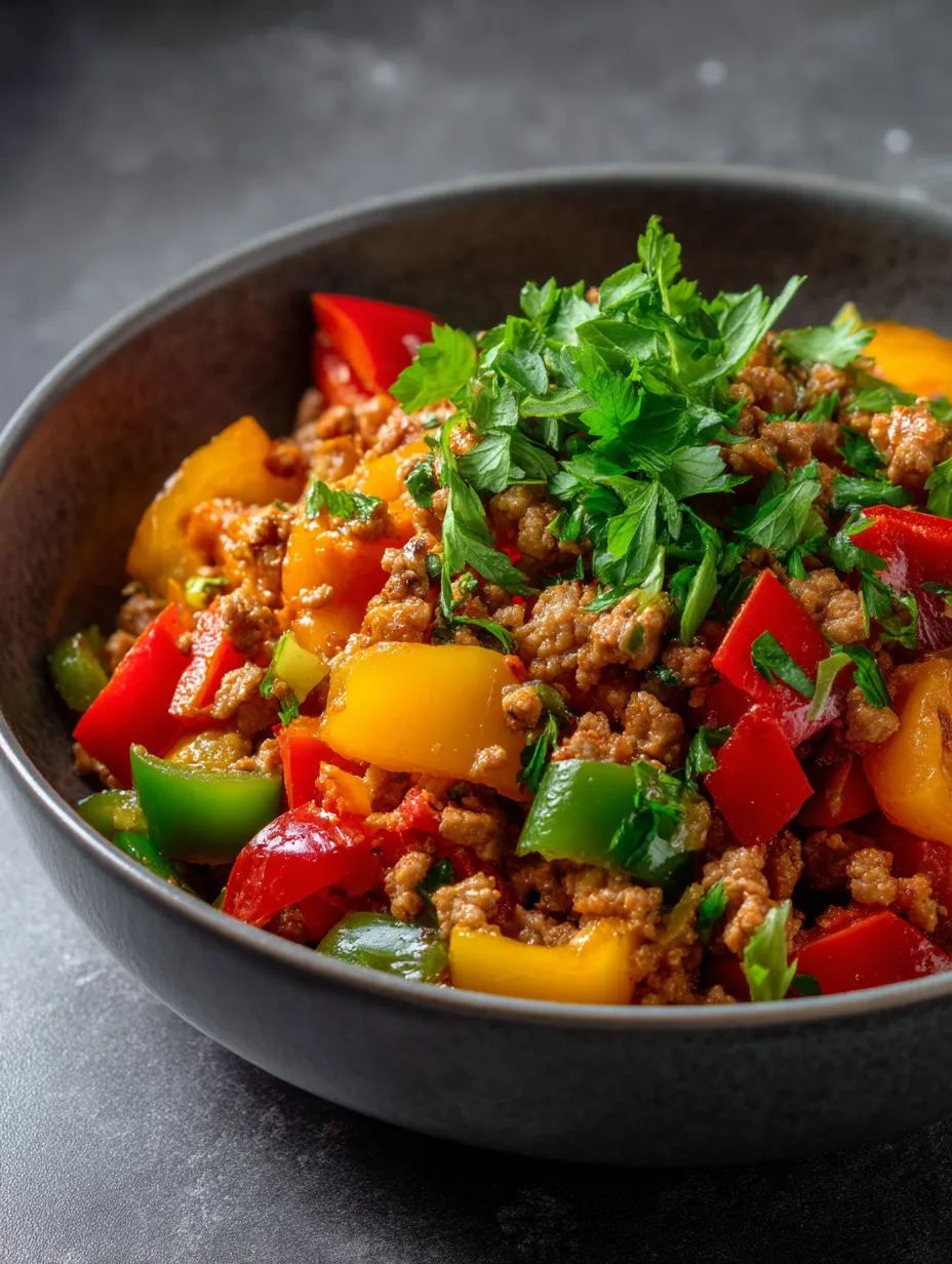 A bowl of Ground Turkey and Peppers.