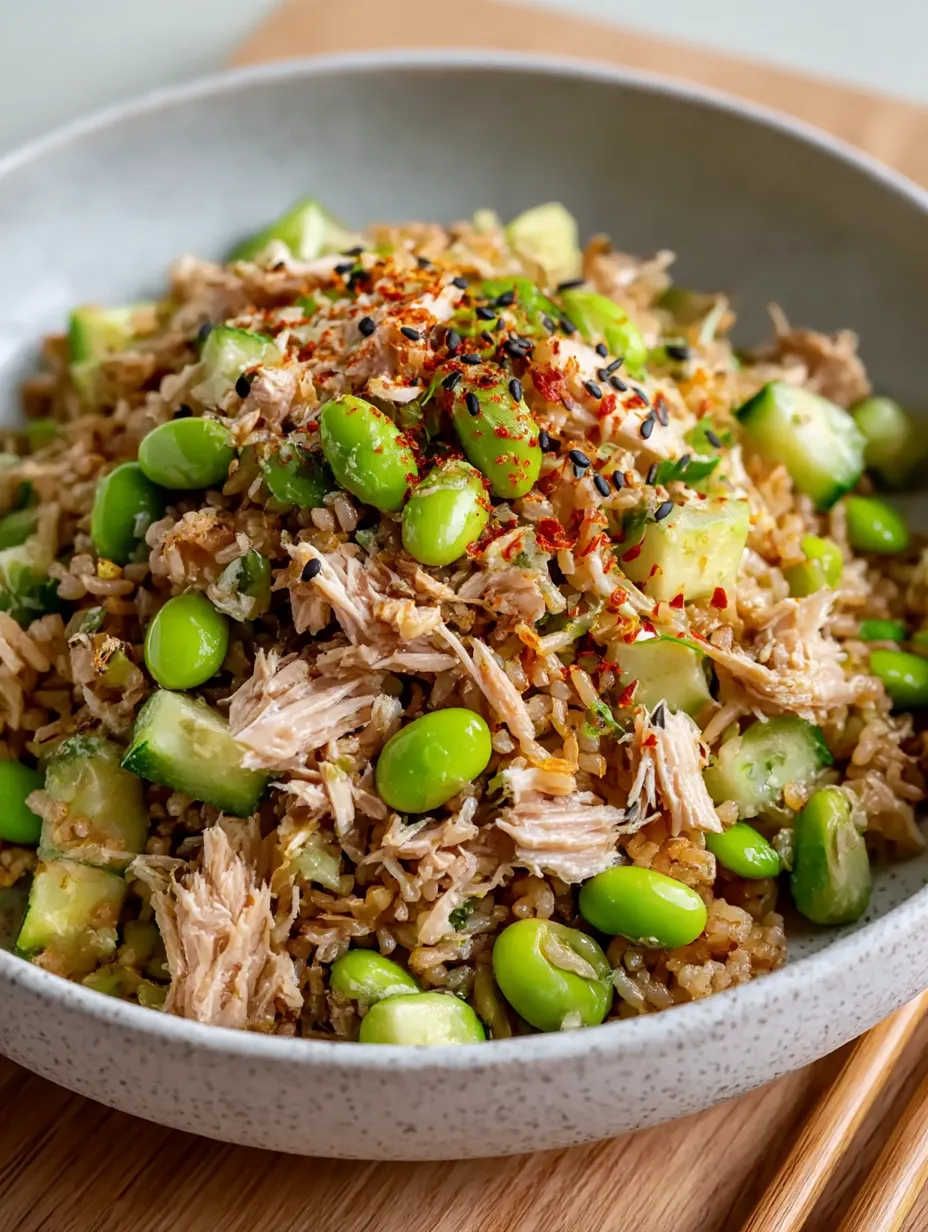 A bowl of Tuna Avocado Crispy Rice Salad.