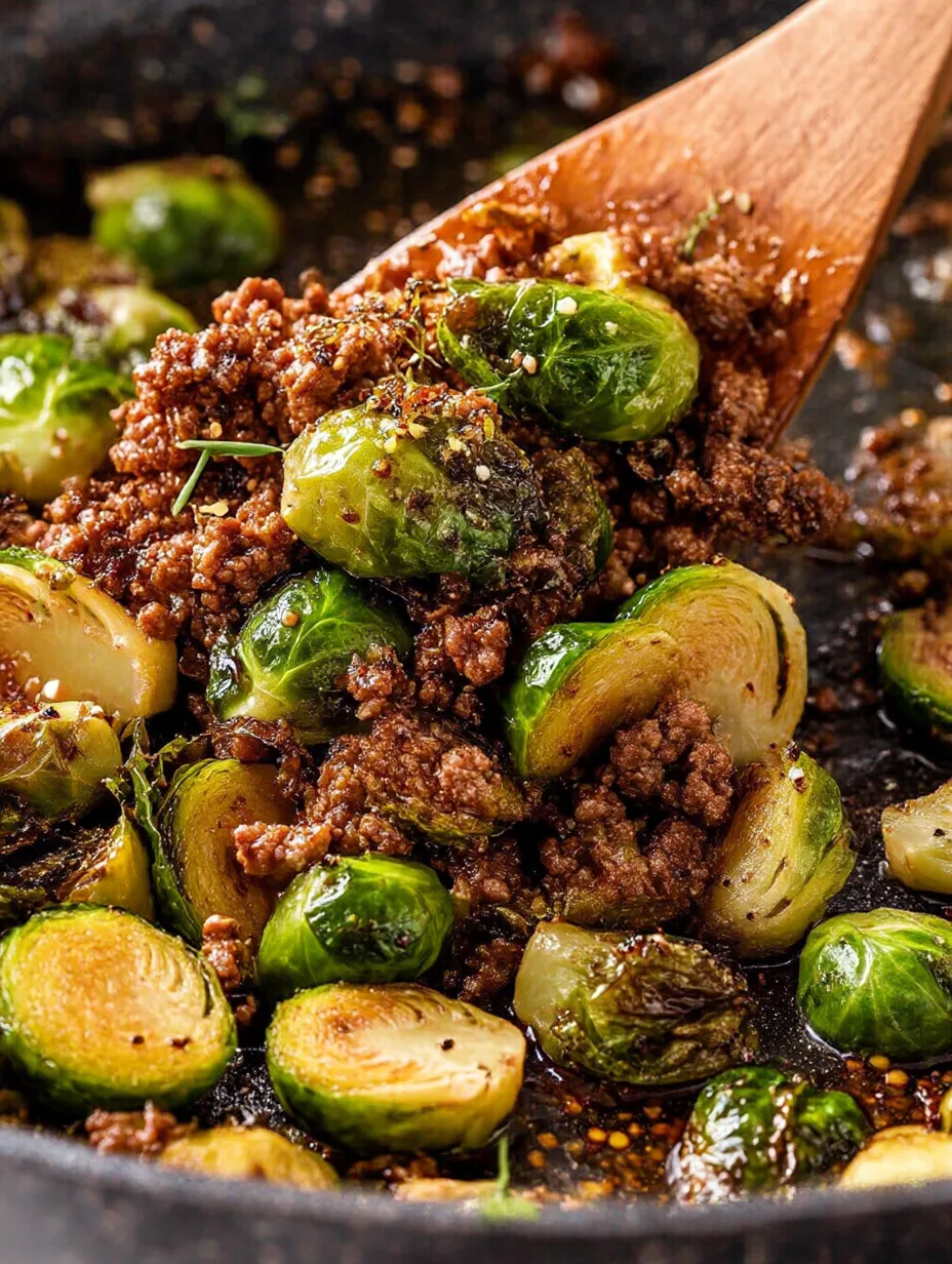 A close up of Ground Beef and Brussels Sprouts.