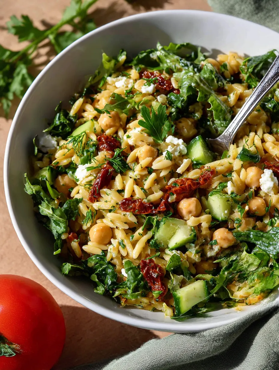 Easy Sun Dried Tomato Orzo Pesto Salad.