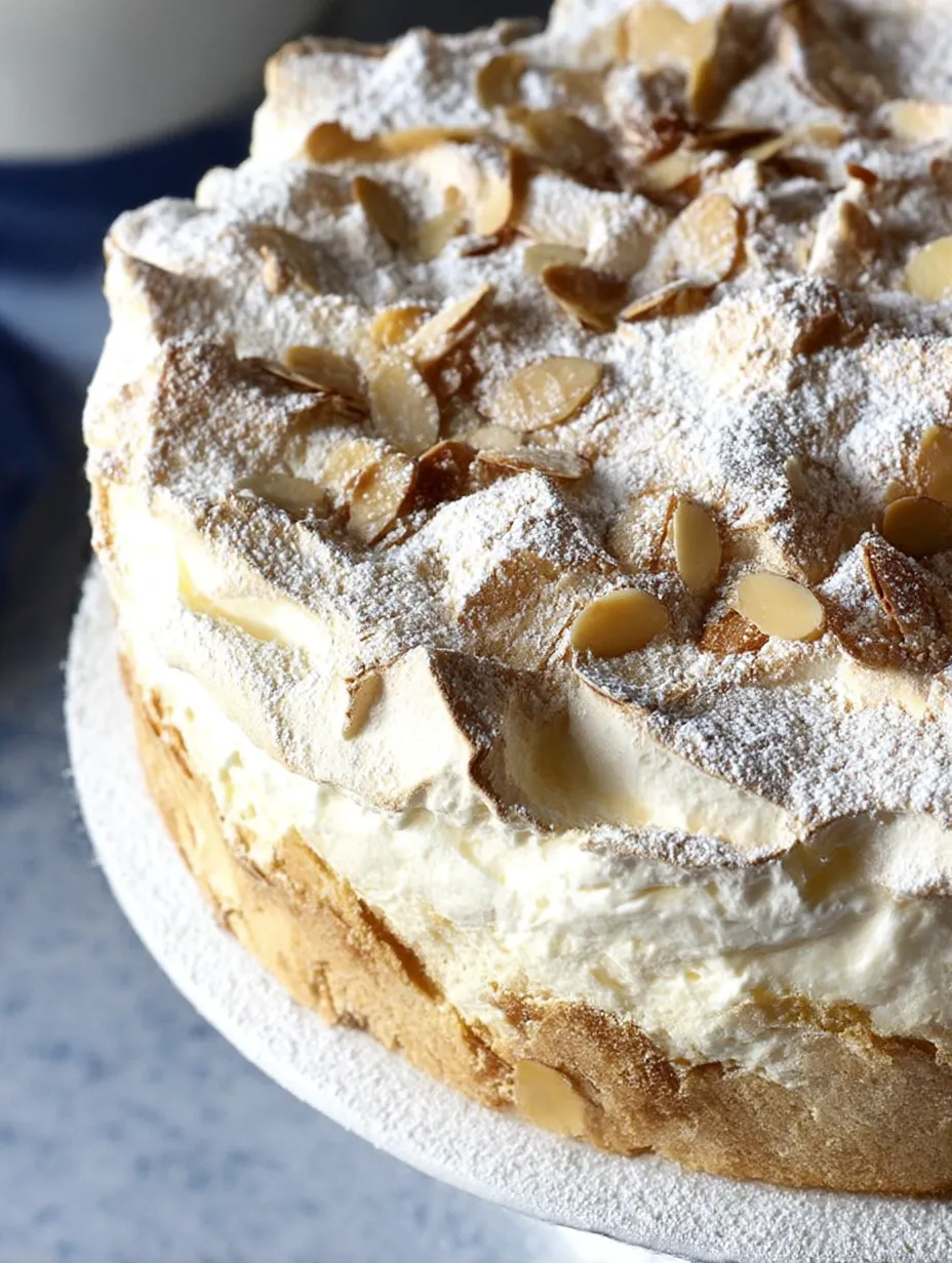 A cake with white frosting and almonds on top.