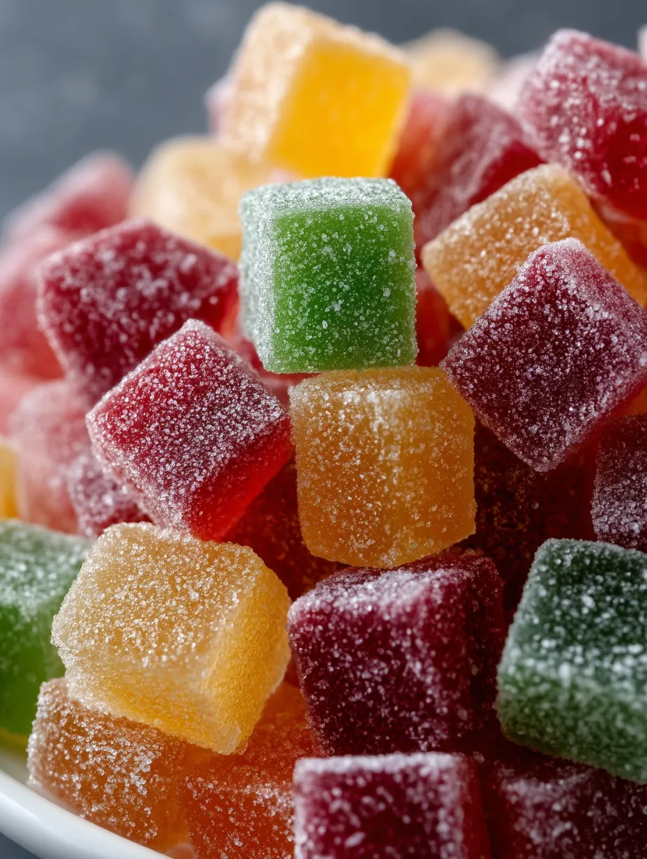 A pile of candy with green and red squares.