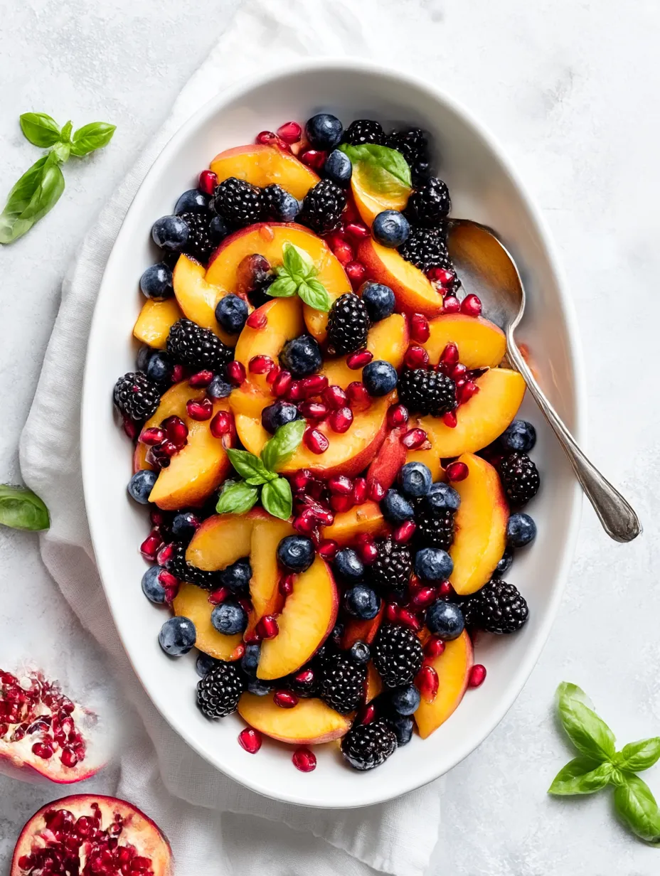 A bowl of fruit with blueberries, peaches, and raspberries.