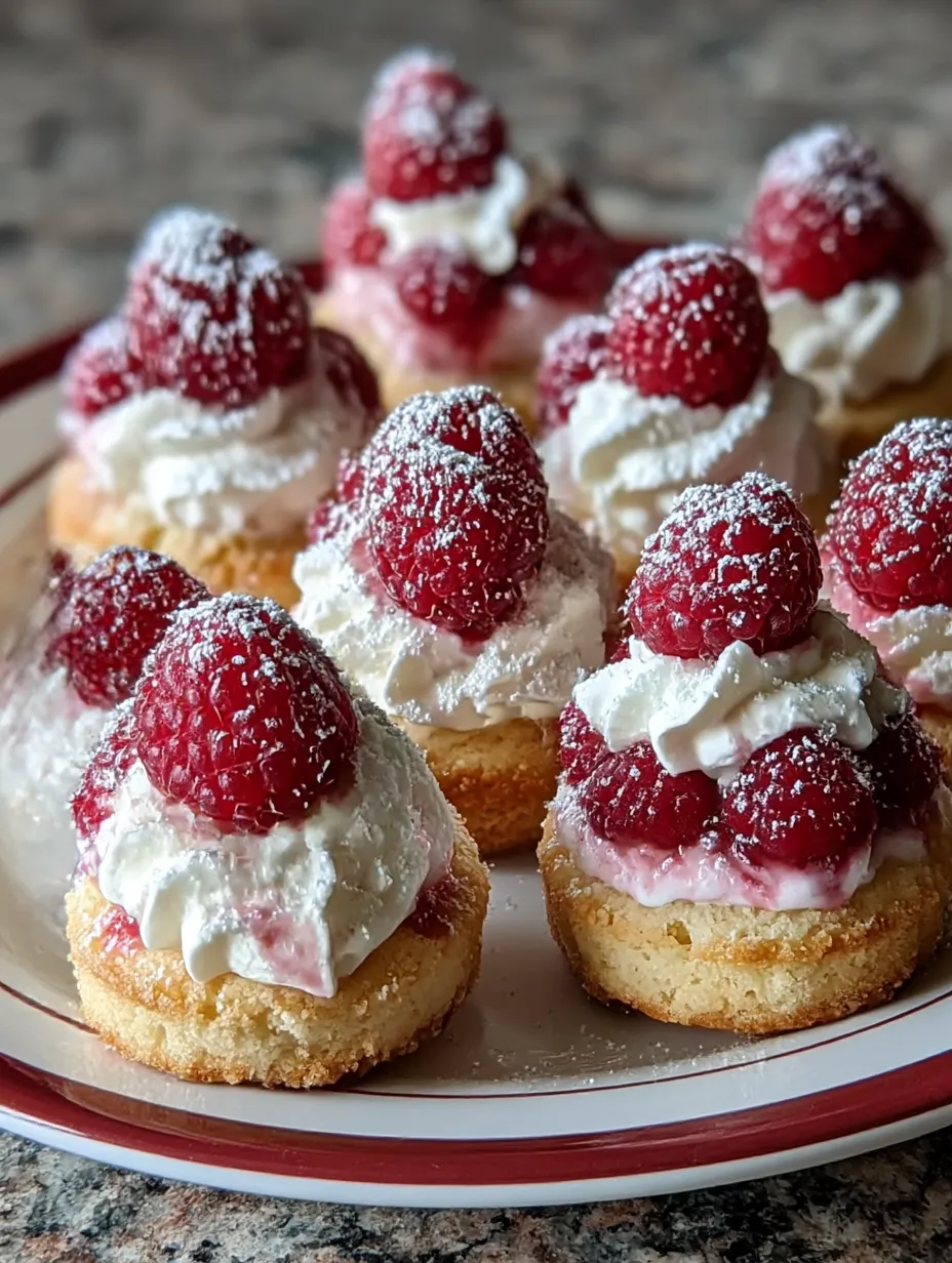A plate of raspberry desserts with white whipped cream.