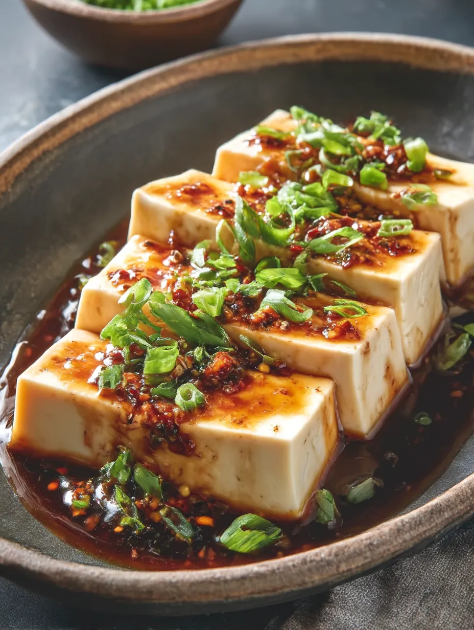 A bowl of Steamed Silken Tofu with Soy Garlic Sauce.