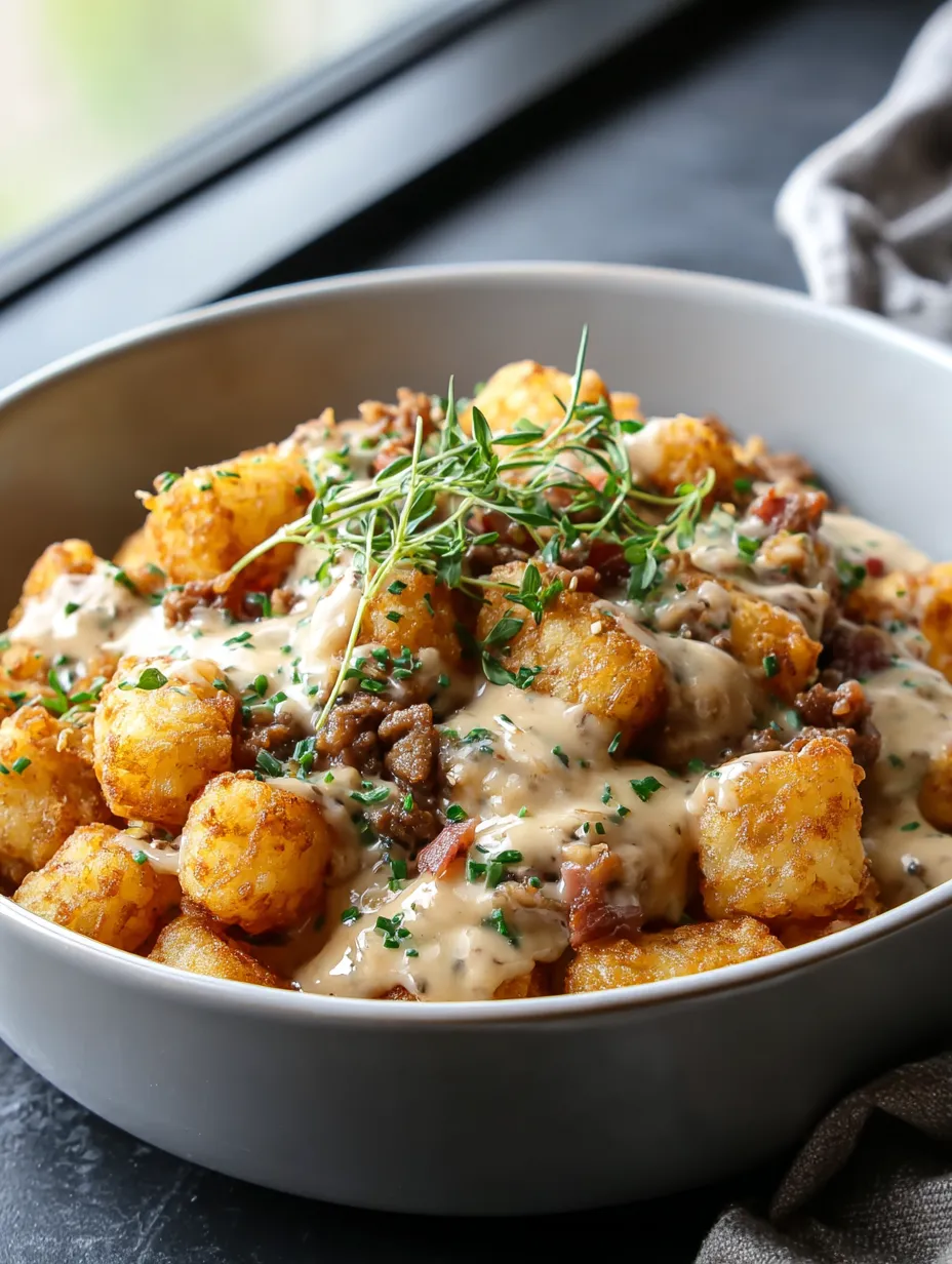 A bowl of Tater Tot Breakfast Bowl with Sausage Gravy.