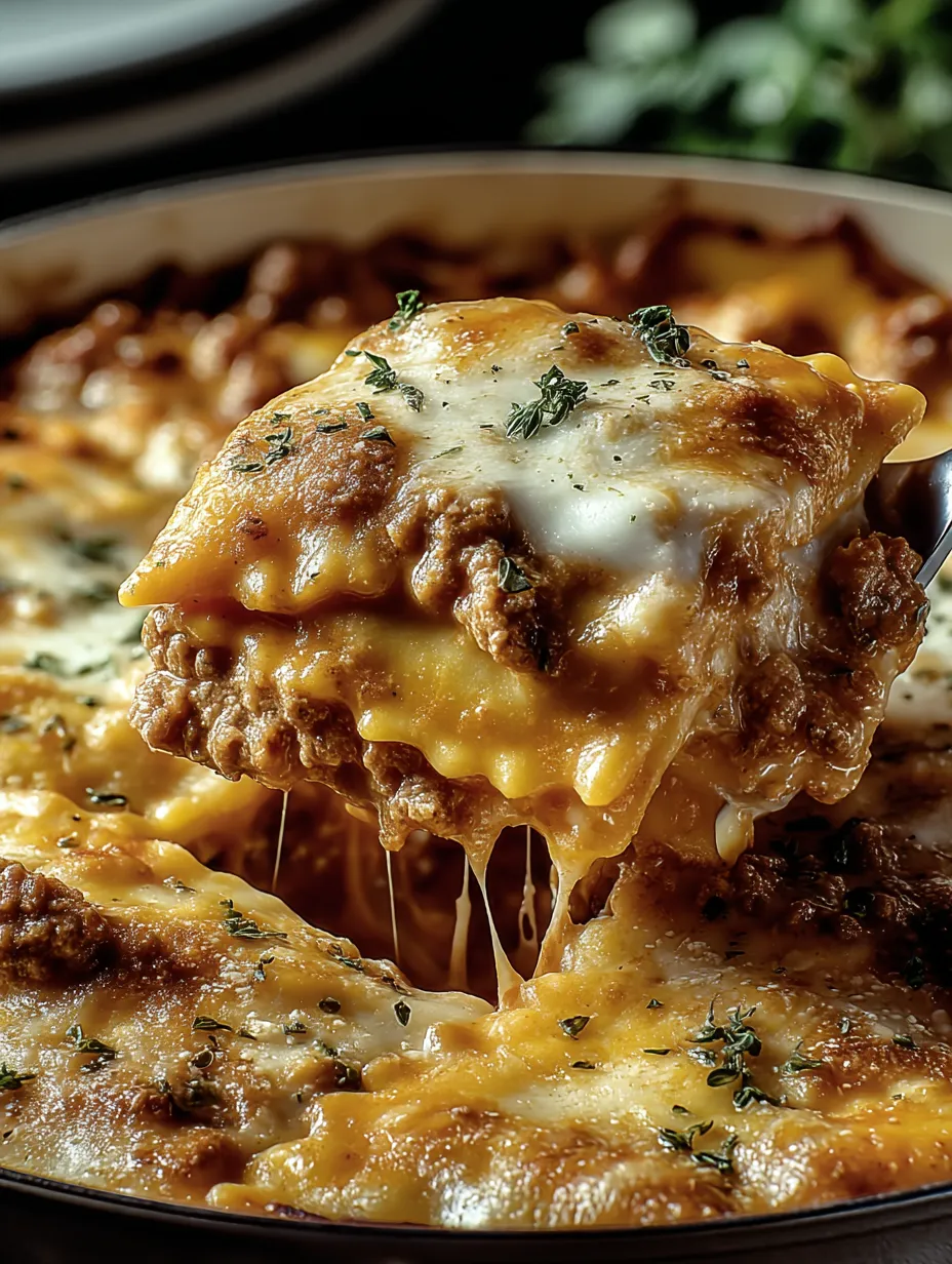 A slice of Million Dollar Ravioli Casserole.