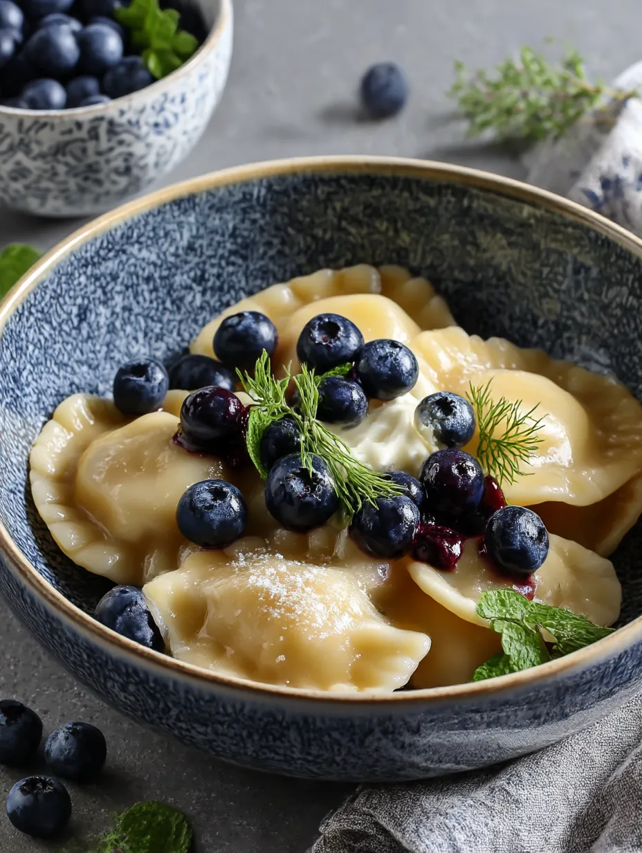 A bowl of pasta with blueberries and mint.