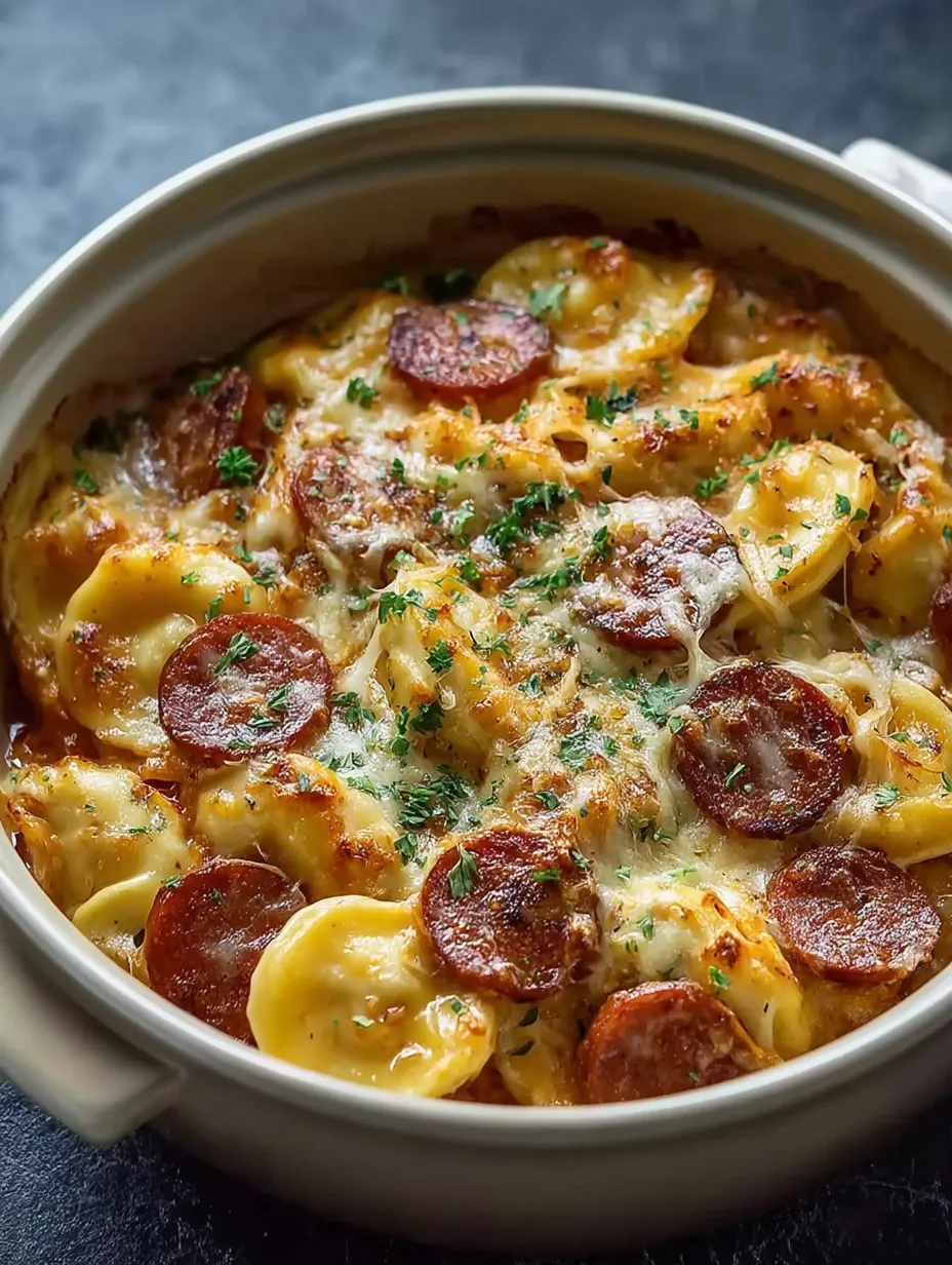 A bowl of Crockpot Pierogi Casserole with Kielbasa.