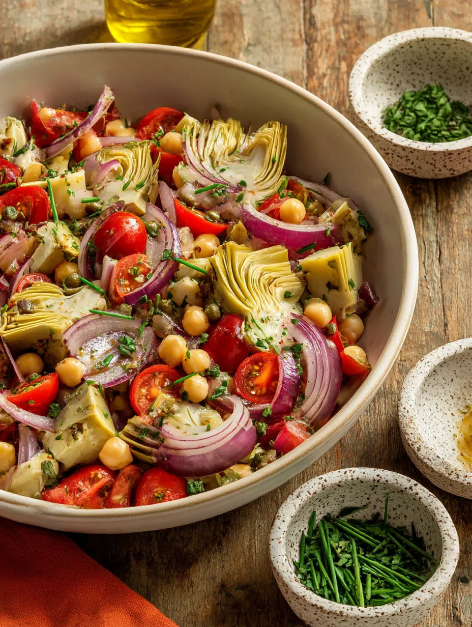 A bowl of Tuscan Artichoke Tomato Salad.