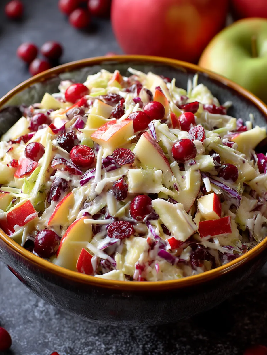 A bowl of Cranberry Apple Coleslaw.