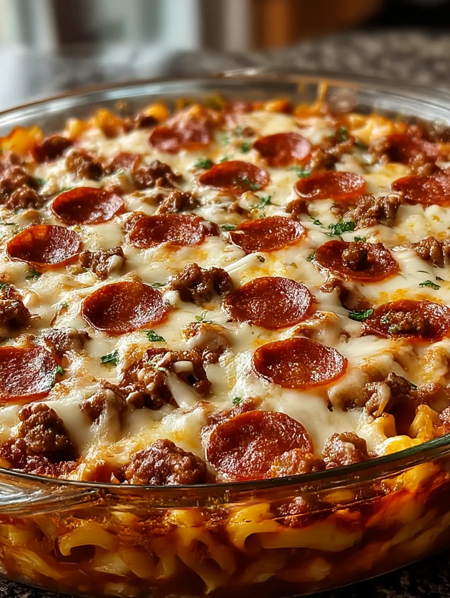 A close up of Meat Lovers Pizza Casserole.