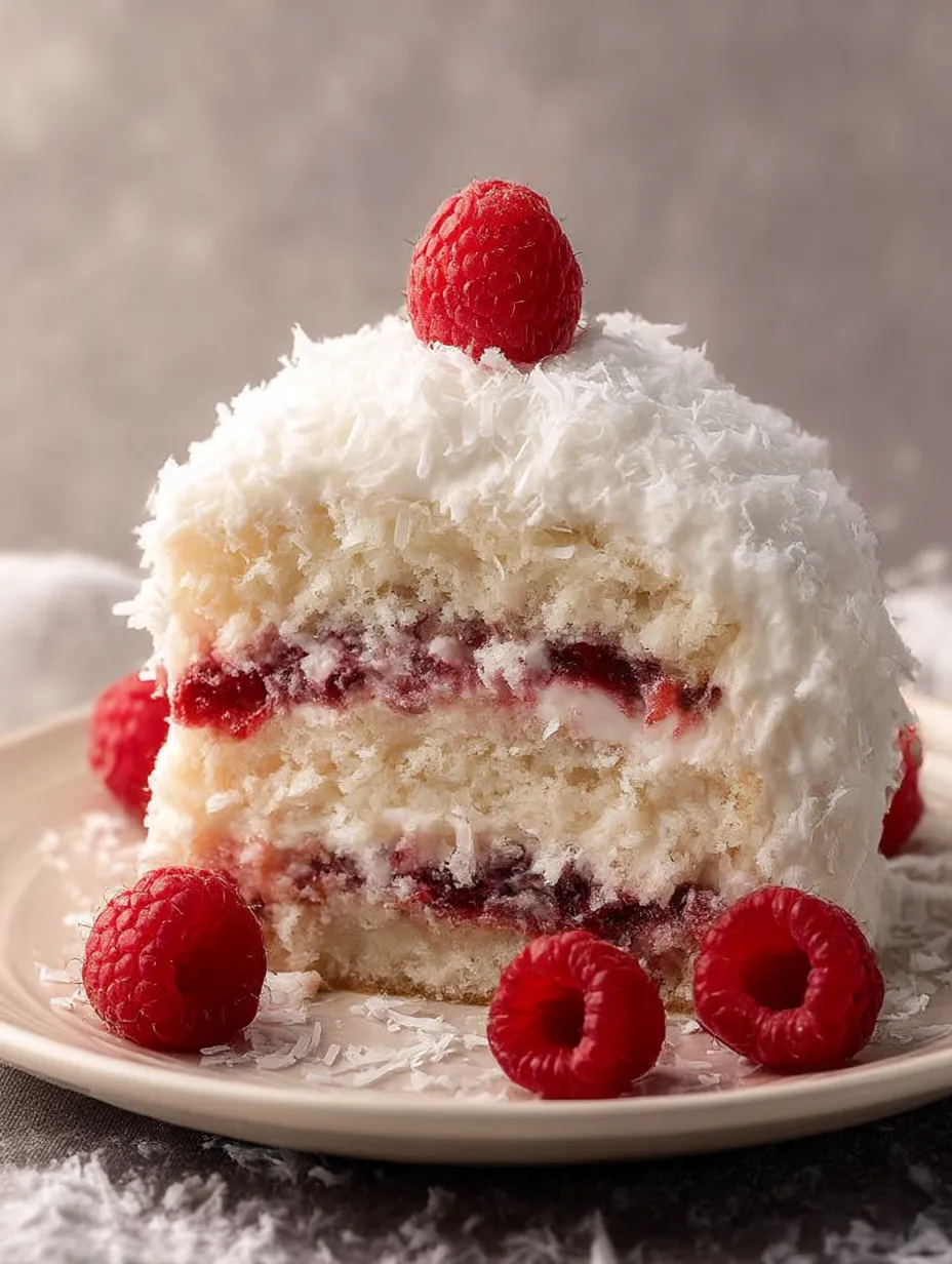 A slice of Raspberry Swirl Coconut Snowball Cake.