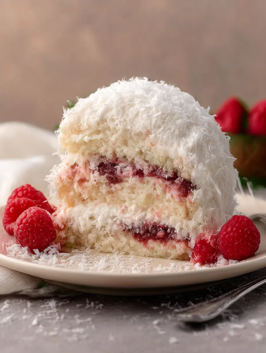 Raspberry Swirl Coconut Snowball Cake Recipe.