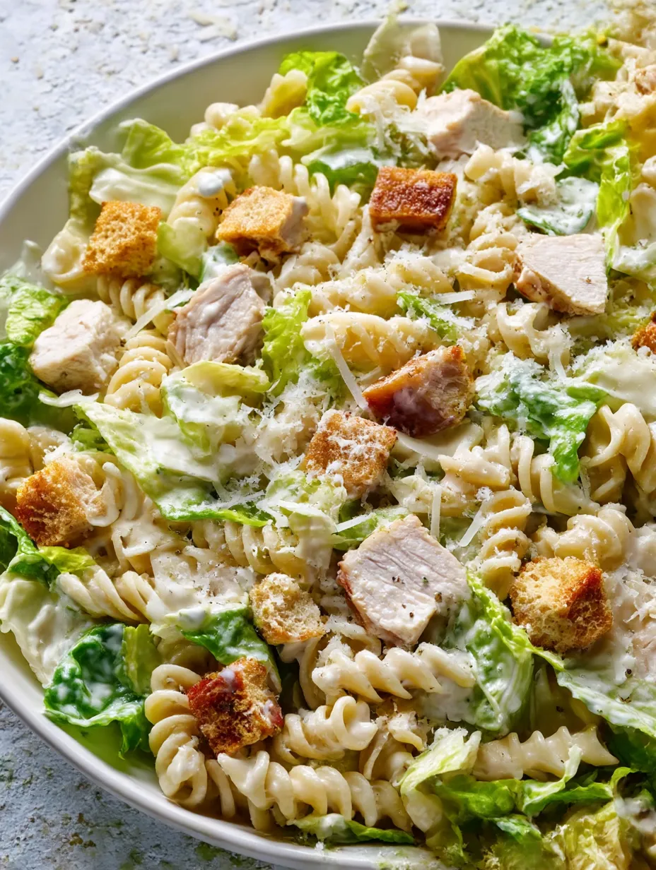 A bowl of pasta salad with chicken and cheese.