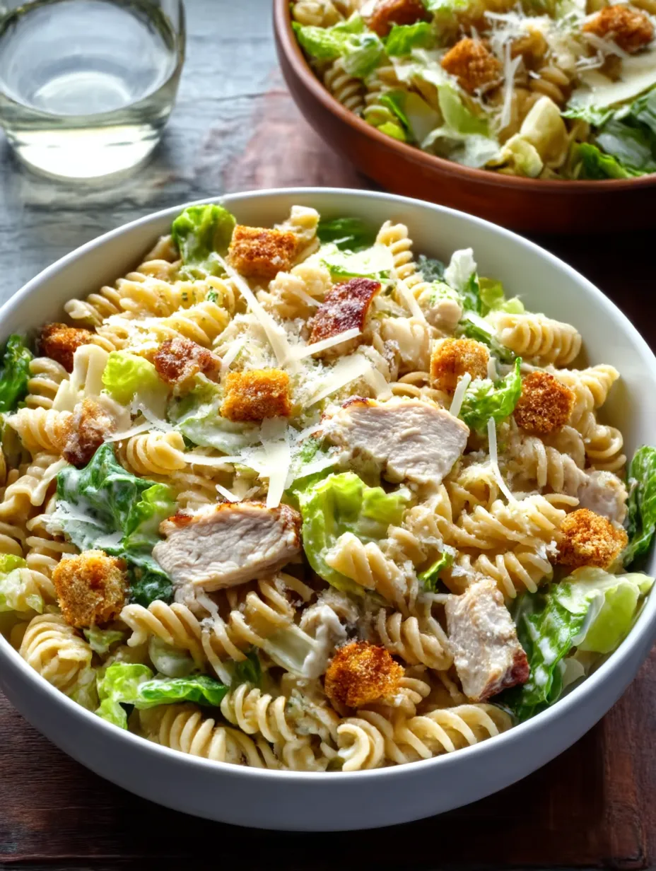 A bowl of pasta salad with chicken and greens.