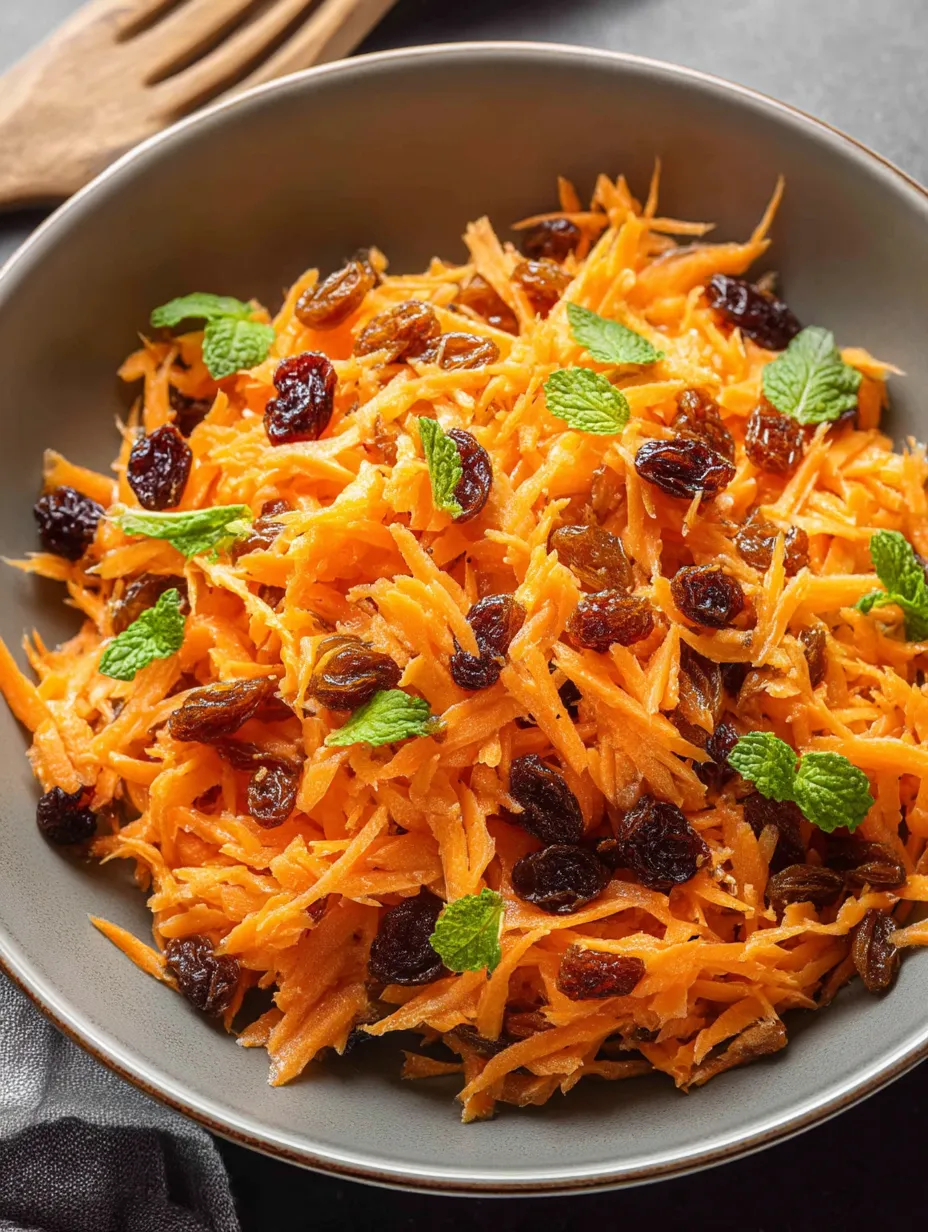 A bowl of carrots with raisins Salad.
