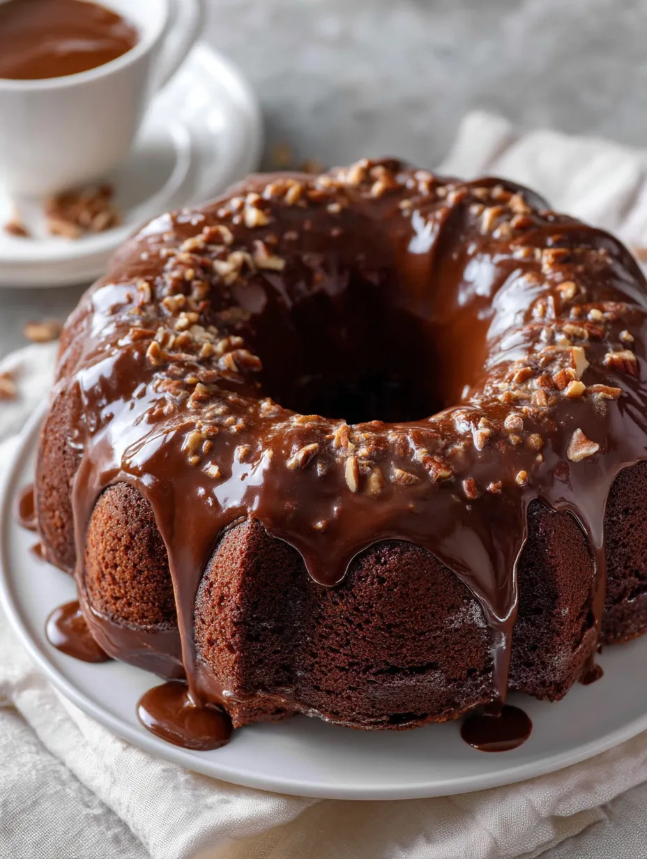A chocolate cake with nuts on top.