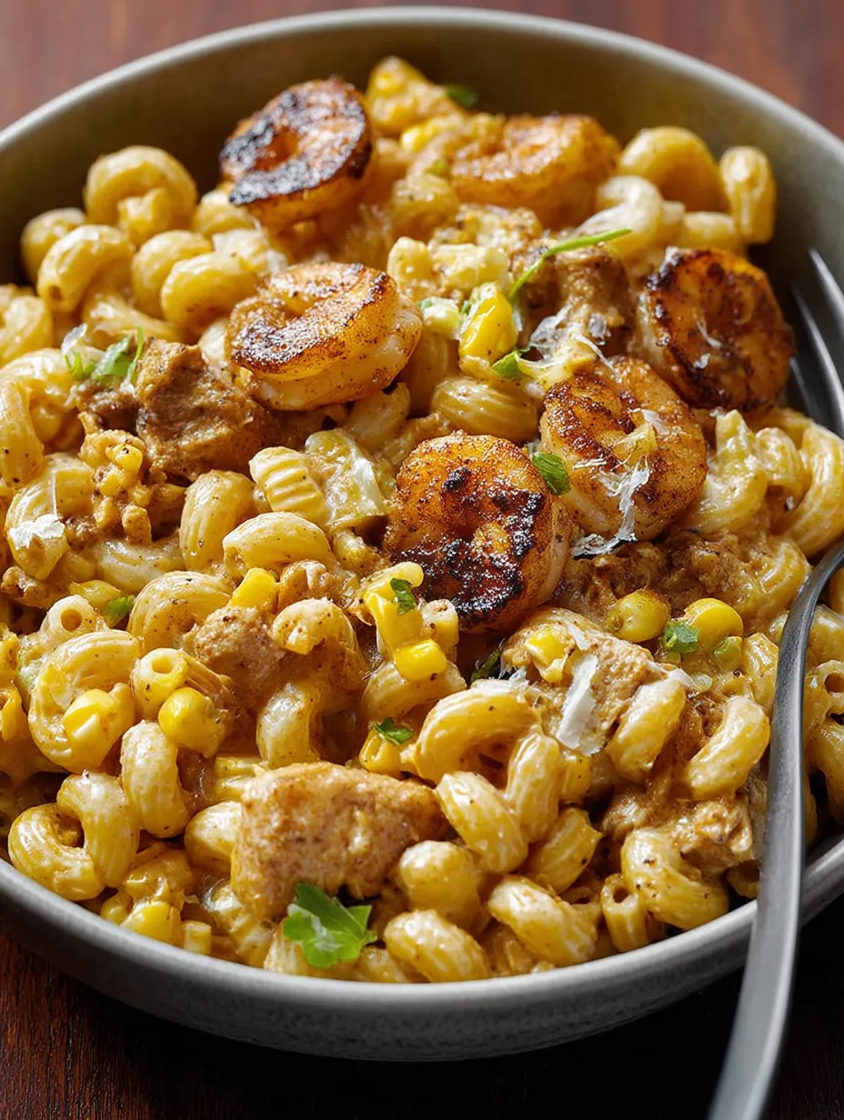 A bowl of pasta with shrimp and corn.