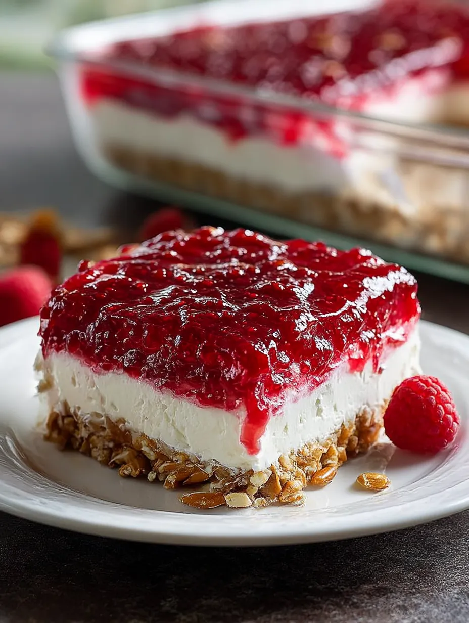 A slice of Raspberry Pretzel Salad.
